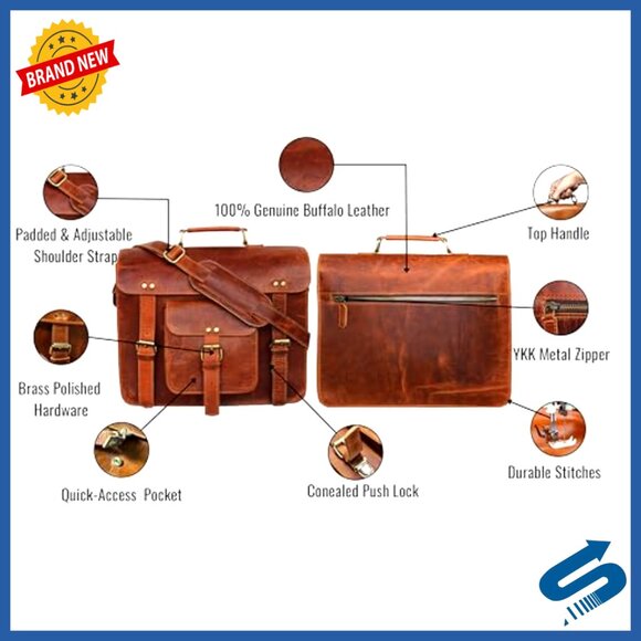 Hulsh Leather Briefcase Messenger Bag with Shoulder Strap  Vintage Leather Messenger Bag for Laptop, Adjustable Strap, Unisex Satchel